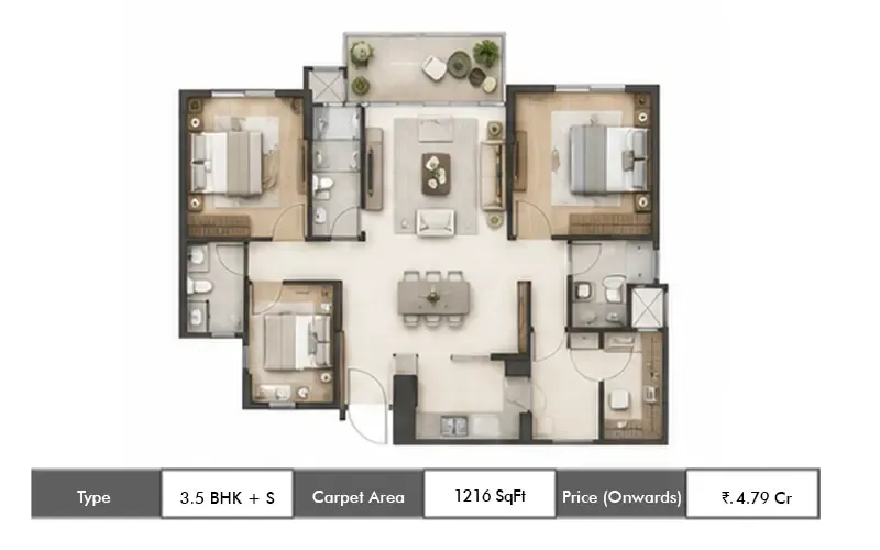 Lodha Riservo 3.5 BHK + S floor plan, 1216 sq ft carpet area