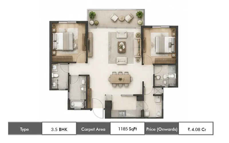 Lodha Riservo 3.5 BHK floor plan, 1185 sq ft carpet area